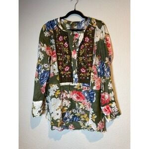 Aratta Silent Journey Floral Velvet Trim Embroidered 3/4 Button Top XL Olive